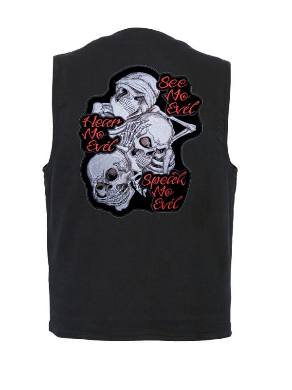 mens denim vest with see no evil patch