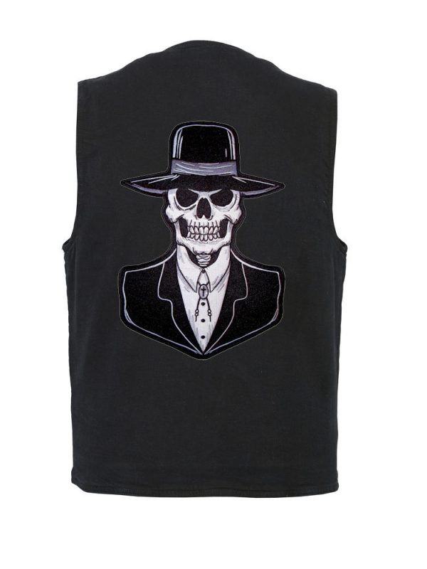 Denim vest with preacher skull patch