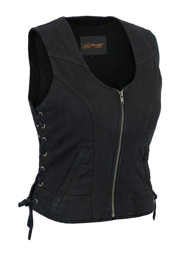 ladies zippered front denim vest with side laces