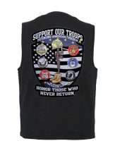 mens black denim vest with support our troops biker patch