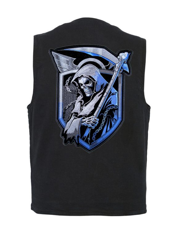 mens black denim vest with blue grim reaper biker patch