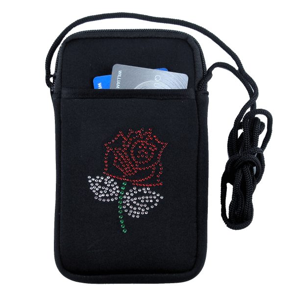 Lady biker phone case with rhinestone red rose design