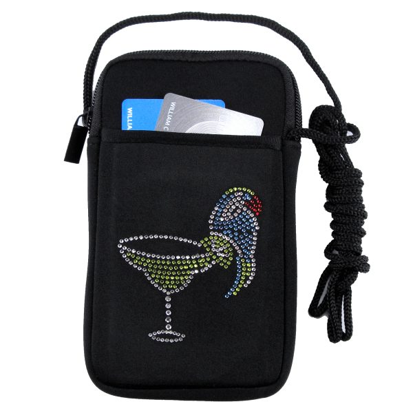 Women's phone case holder with rhinestone martini and parrot design