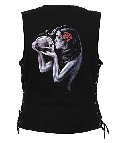 ladies designer denim vest with lady sugar skull design 