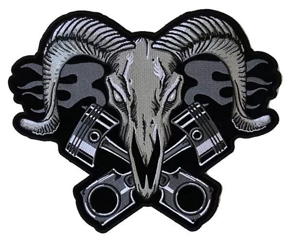 Ram skull with horns and pistons