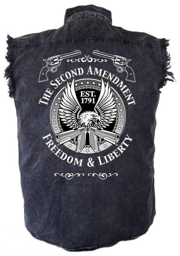 Denim acid washed biker shirt with 2nd amendment design