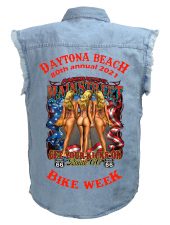 Daytona Beach 2021 Bike Week Route 66 Bikini Babes Men's Blue Denim Biker Shirt