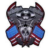 Large motorcycle engine with American flags patch