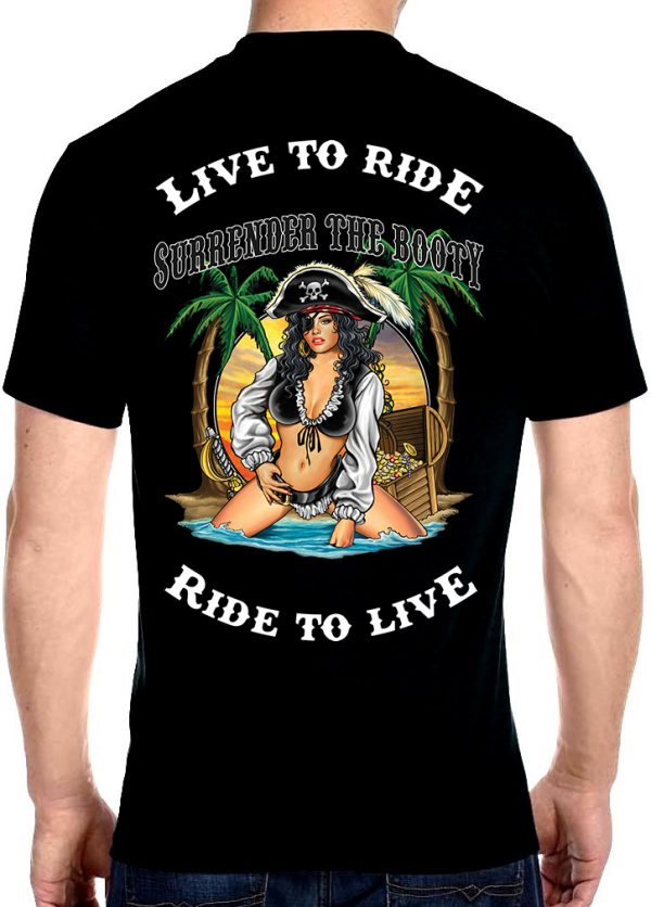 mens live to ride ride to live surrender the booty pirate babe biker tee