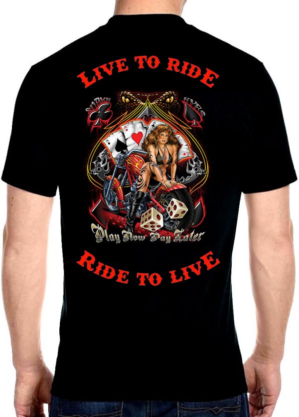 mens live to ride ride to live play now pay later biker t-shirt