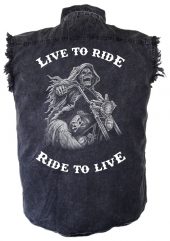 mens live to ride ride to live grim reaper rider denim biker shirt
