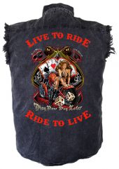 men's live to ride ride to live play now pay later card babe biker denim shirt