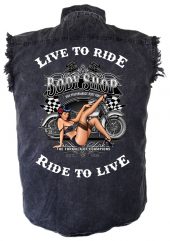 men's live to ride ride to live body shop pin up girl biker denim shirt