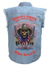 mens 2021 sturgis give up my guns skeleton blue denim biker shirt