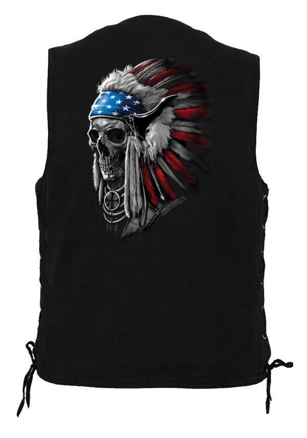 mens biker denim vest with patriotic Indian skull headdress design