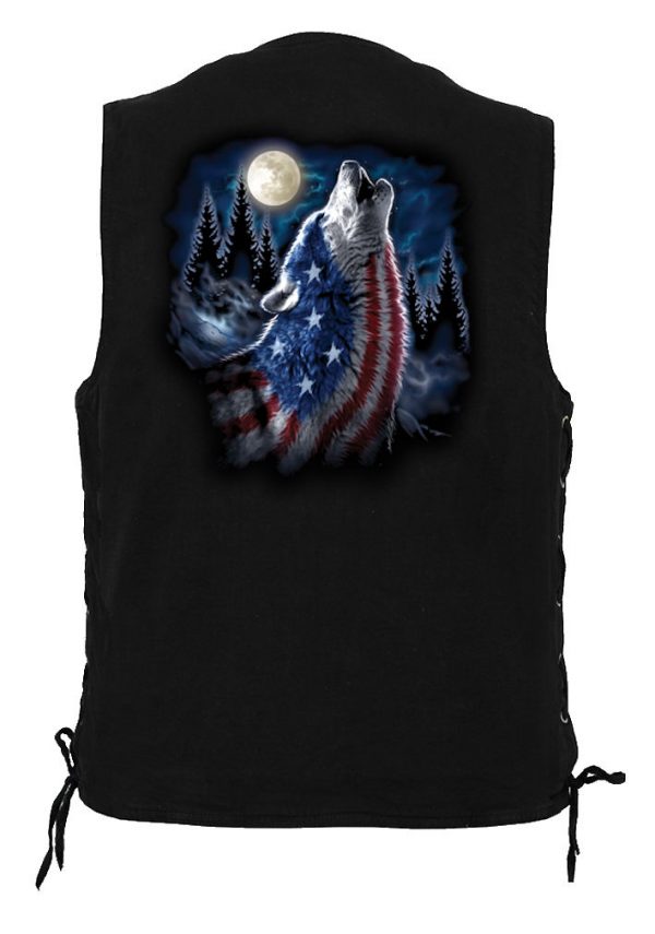 mens biker denim vest patriotic howling wolf design