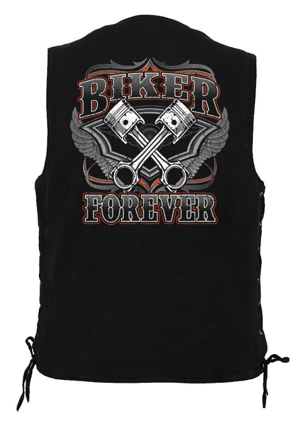 mens denim biker vest with biker forever design