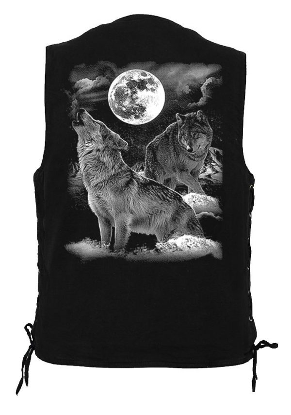 mens denim biker vest with howling wolf design