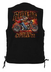 mens biker denim vest with ride it like you stole it hog design