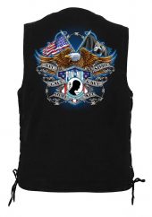 men's denim biker vest with all gave some pow mia eagle design