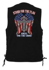 men's denim biker vest with stand for the flag cross design