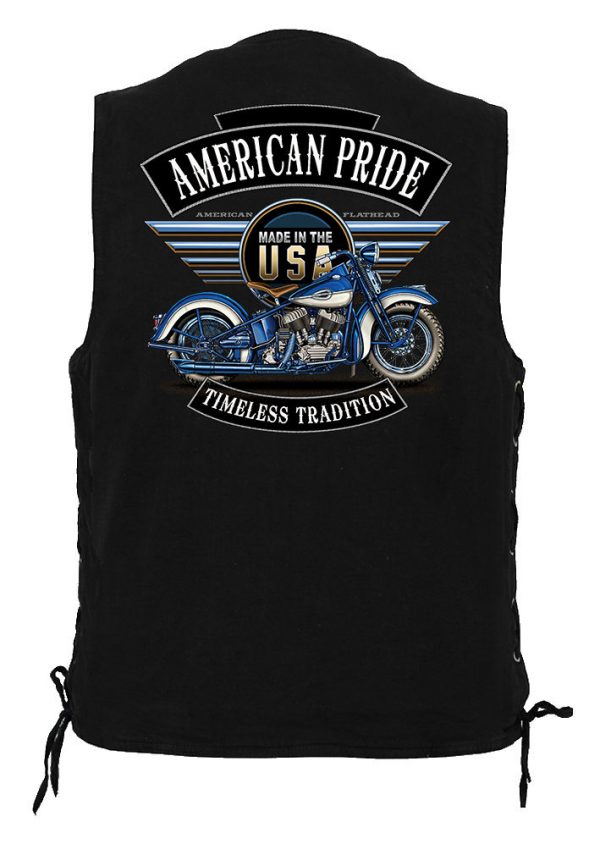 men's denim biker vest with American pride motorcycle design