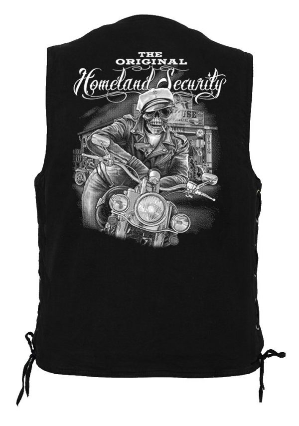 men's denim biker vest with homeland security skeleton dude design