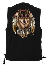 men's denim biker vest with wolf dreamcatcher design