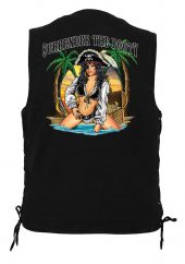 men's denim biker vest with surrender the booty pirate babe design