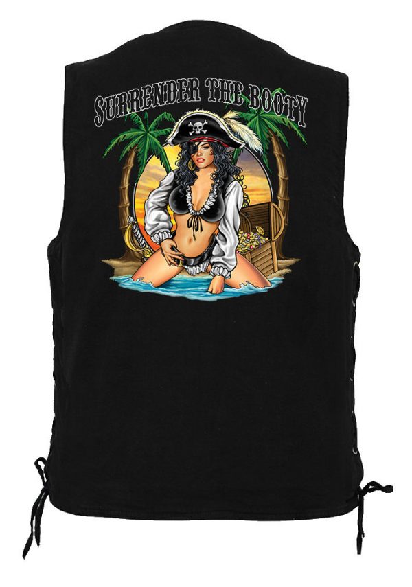 men's denim biker vest with surrender the booty pirate babe design