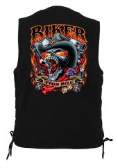men's denim biker vest with bikers from hell design