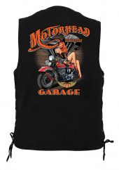 men's denim biker vest with motor head garage design