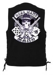 men's denim biker vest with Deadman's hand design