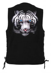 men's denim biker vest with blue eyed tiger design