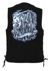 men's denim biker vest with grim reaper we meet again skulls design