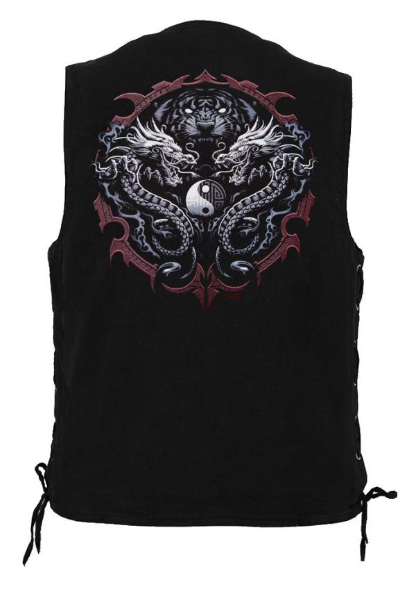 men's denim biker vest with Ying Yang Dual Dragons And Tiger Design