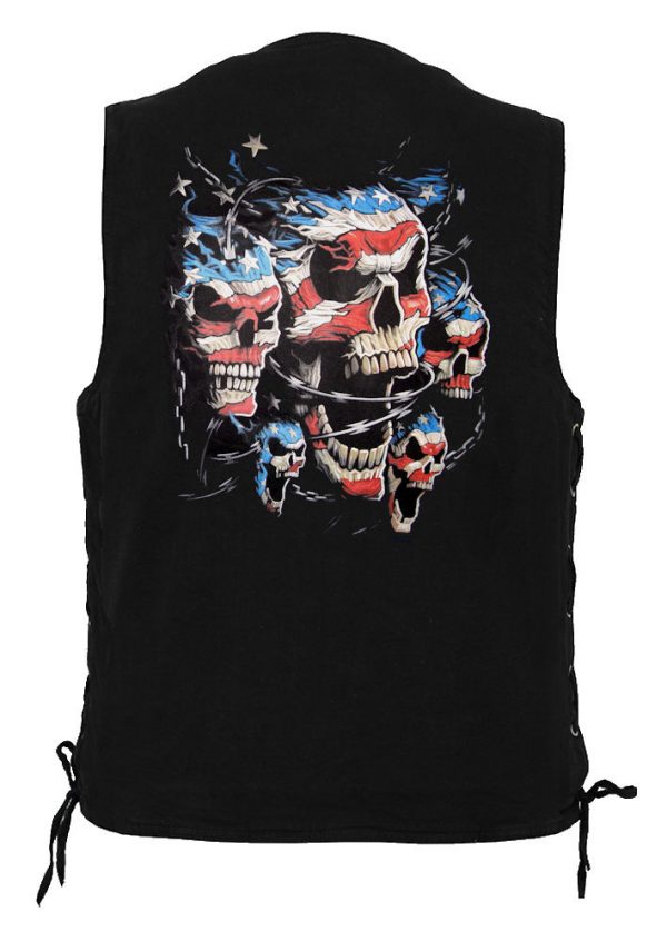 mens's biker denim vest with patriotic skulls design