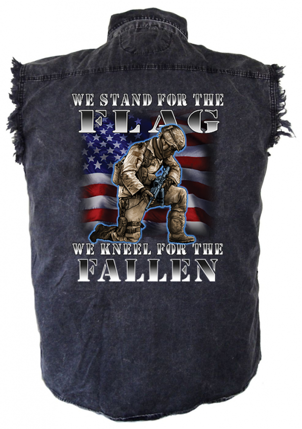 mens denim biker shirt stand for the flag kneel for fallen heroes military design