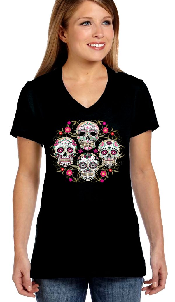 ladies v neck biker tee sugar skulls