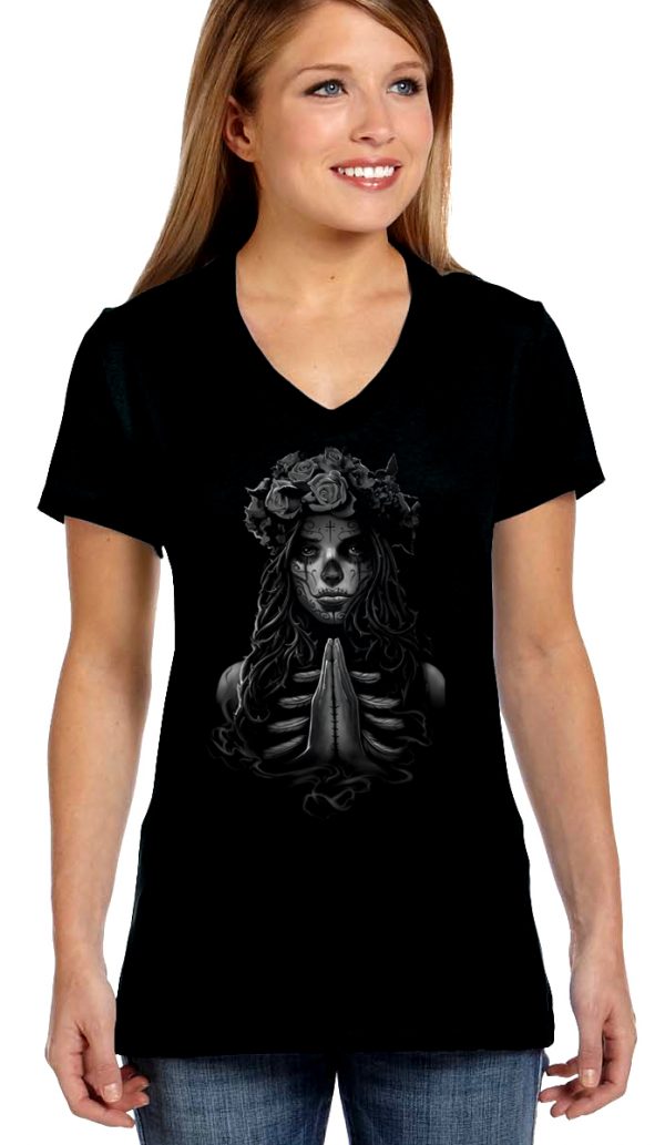 ladies biker tee praying goth girl