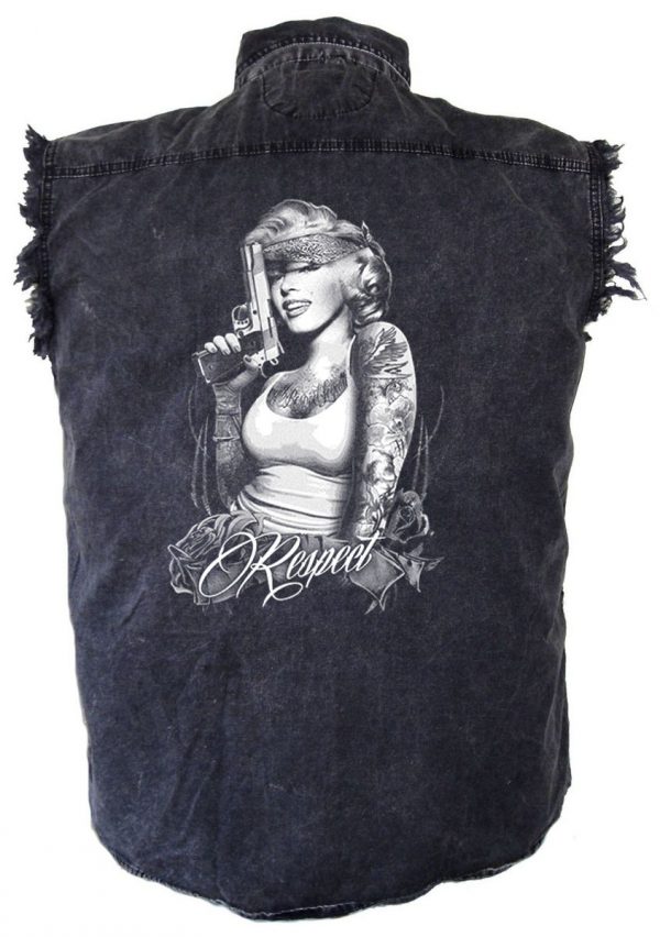 mens denim biker shirt tatted Marilyn Monroe respect design