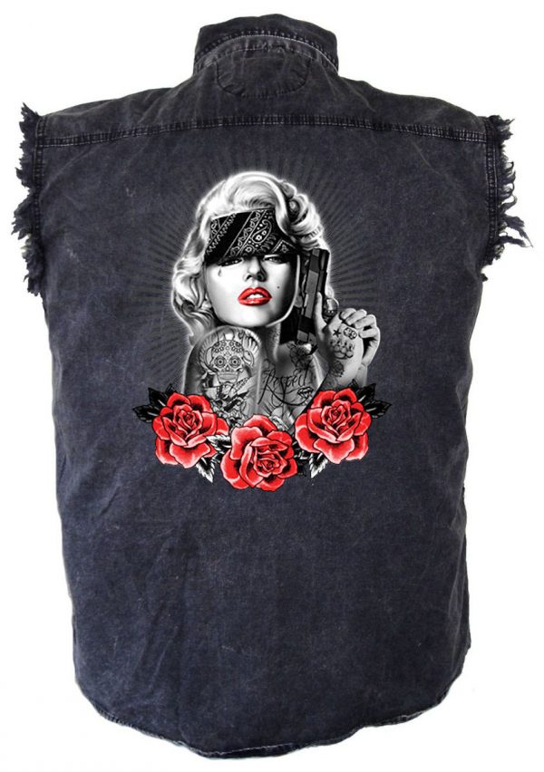 mens denim biker shirt Marilyn Monroe gangster red roses design