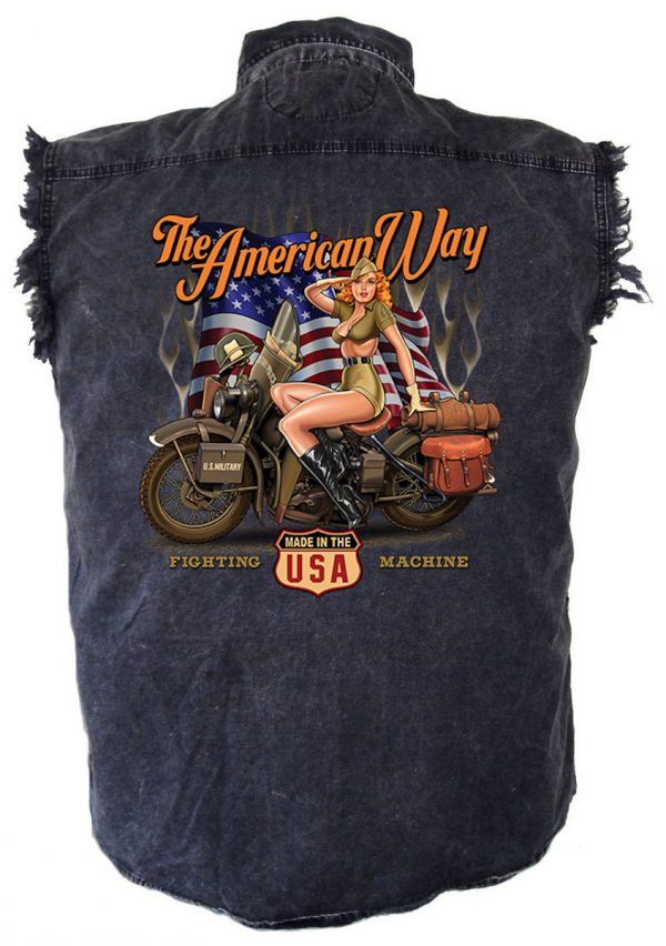 mens denim biker shirt American way army babe design