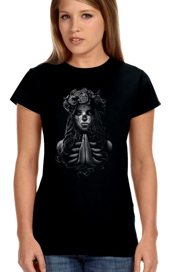 ladies biker tee praying goth girl