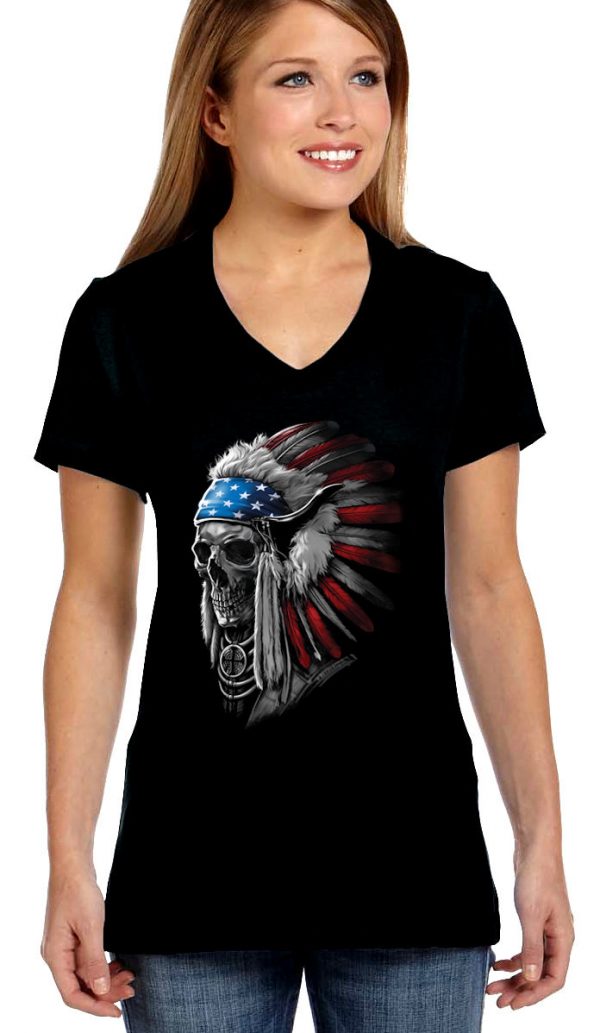 ladies biker tee patriotic Indian skull headdress