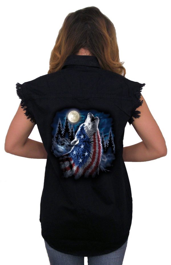 ladies denim biker shirt patriotic wolf