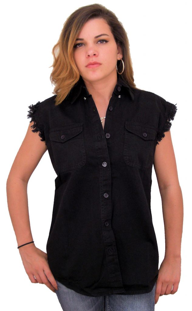 Women’s Denim Sleeveless Biker Shirt Mount Rushmore Wolf Design Leather Supreme