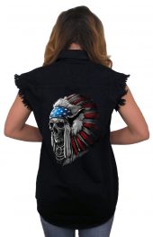 ladies denim biker shirt patriotic Indian skull headdress