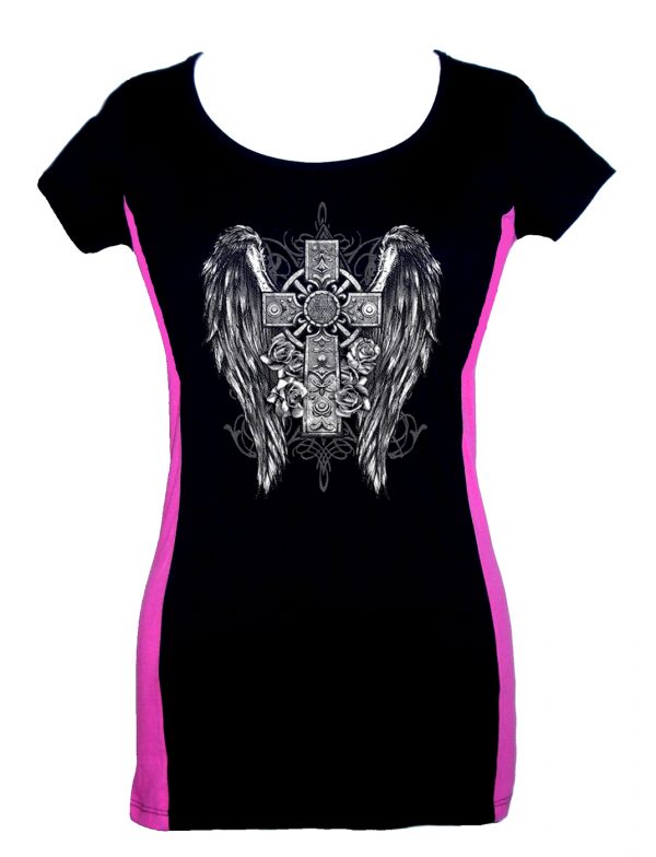 ladies two tone goth wings cross t-shirt