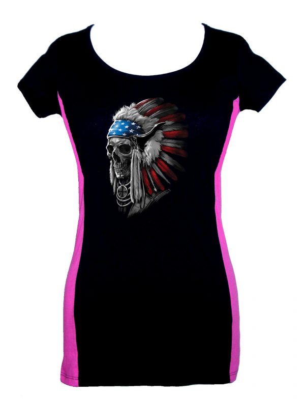 ladies patriotic Indian skull headdress two tone tee